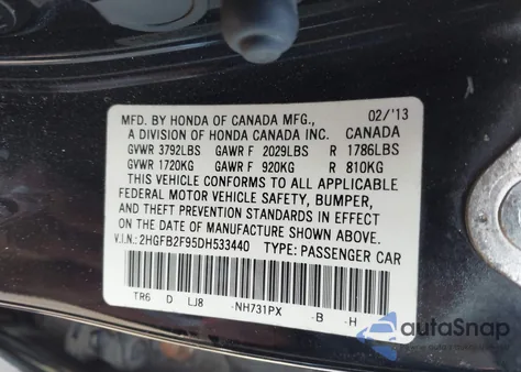 2013 Honda Civic Exl from USA, damaged, VIN 2HGFB2F95DH533440